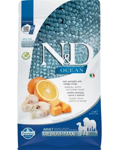 FARMINA N&D Ocean Dog Adult Medium/Maxi Hrana caini adulti, cu cod, dovleac si portocale 2,5 kg