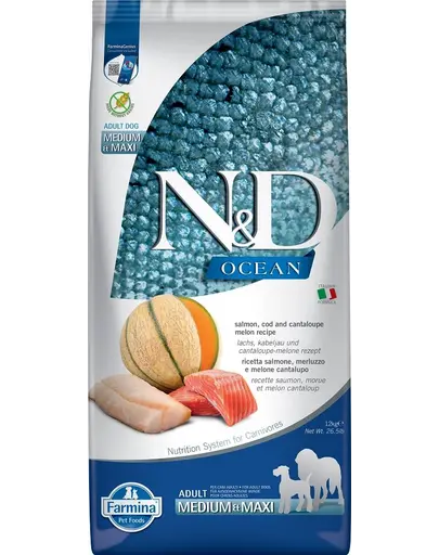 FARMINA N&D Ocean Dog Adult Medium & Maxi somon, cod si pepene galben, 12 kg