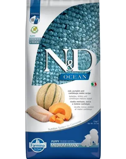FARMINA N&D Ocean Dog Puppy Medium & Maxi Sac hrana pentru catei, cu cod, dovleac si pepene galben 12 kg