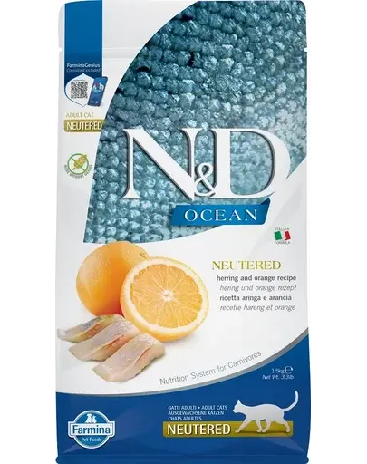 FARMINA N&D Ocean - Hrană uscată pentru pisici adulte, după castrare - hering și portocală -1,5 kg