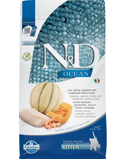 FARMINA N&D Ocean Hrana uscata pentru pisoi, pisici gestante si care alapteaza, cu cod, creveți, dovleac si pepene galben - 1,5 kg