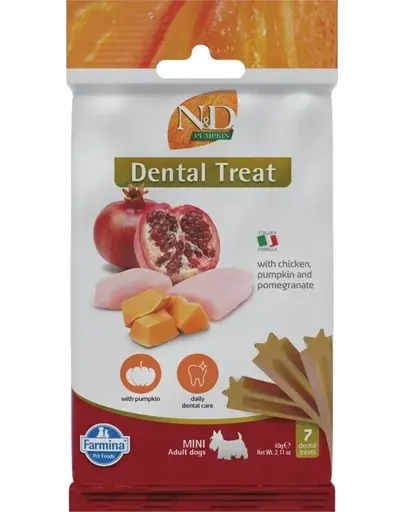 FARMINA N&D Pumpkin Dental Treat Chicken Pomegranate Mini 60 g baton dentar pentru caini de talie mica, pui si dovleac