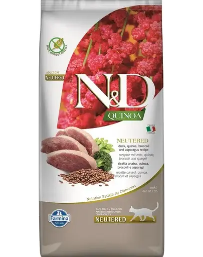 FARMINA N&D Quinoa Cat Duck, Brocolli & Asparagus Neutered Adult Sac hrana pisici sterilizate, cu rata 5 kg