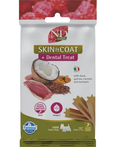 FARMINA N&D Quinoa Dental Treat Skin Coat Duck Mini 60 g recompensa dentara cu rata, pentru caini de rase mici