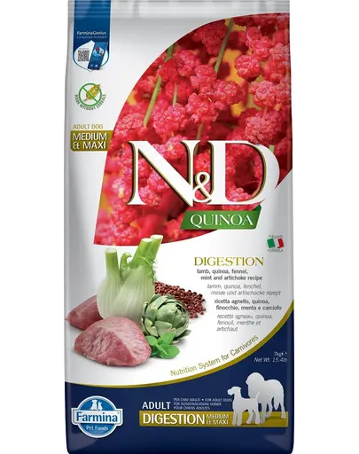 FARMINA N&D Quinoa Dog Adult Medium&Maxi Digestion Lamb & Fennel 7 kg Hrana caini talie mredie si mare cu tulburari digestive, cu miel