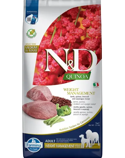 FARMINA N&D Quinoa Dog Adult Medium&Maxi Weight Management Lamb & Broccoli 7 kg Hrana pentru caini, pentru reducerea greutatii, cu miel si brocoli