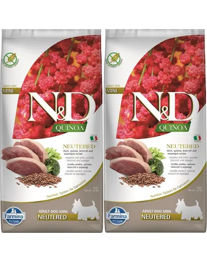 FARMINA N&D Quinoa Neutere Adult Mini duck, broccoli & asparagus 2 x 7 kg hrana caini sterilizati/castrati talie mica