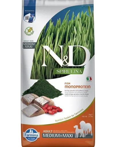 FARMINA N&D Spirulina Adult Medium&Maxi Herring & Wolfberry 7 kg Hrana uscata caini talie medie si mare, cu hering si spirulina