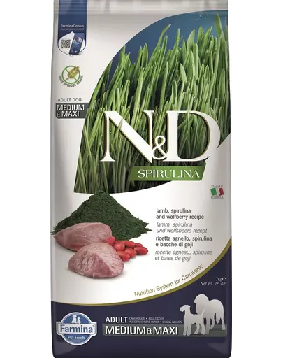 FARMINA N&D Spirulina Adult Medium&Maxi Lamb & Wolfberry 7 kg Sac hrana caine talie medie si mare, cu miel si spirulina