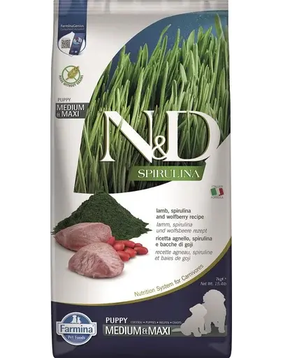 FARMINA N&D Spirulina Puppy Medium&Maxi Lamb & Wolfberry 7 kg Hrana catei talie medie si mare, cu miel si spirulina