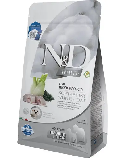 FARMINA N&D White Dog Adult Medium Maxi Sea Bass, Spirulina, Fennel 2 kg Hrana caine adult cu blana alba