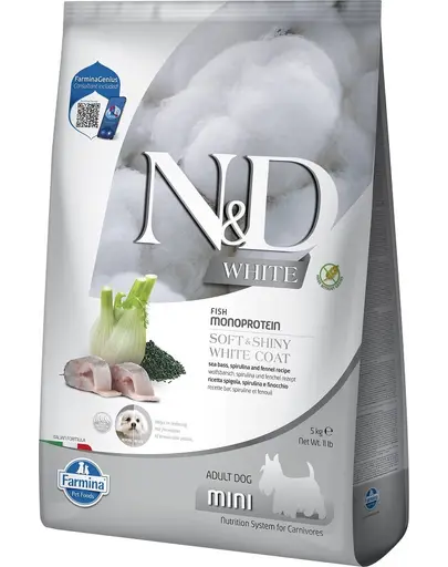 FARMINA N&D White Dog Adult Mini 5 kg biban de mare, spirulină și fenicul, hrană câini adulți talie mică