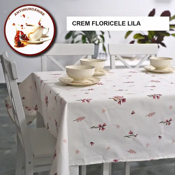 Fata de masa teflonata antimurdarire crem floricele lila 140x180 cm, Ralex | 1 buc