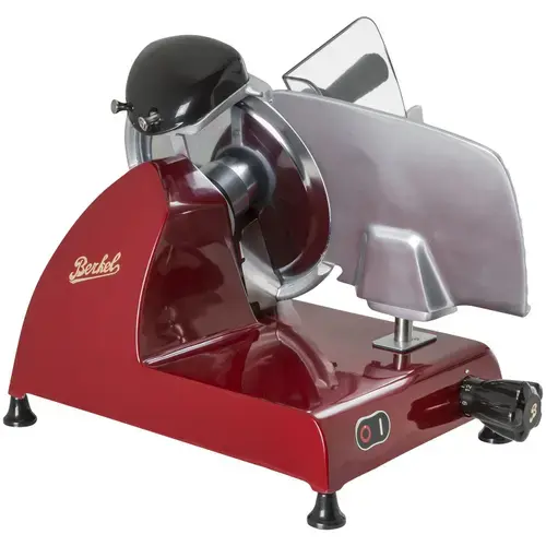 Feliator profesional electric Berkel, Red Line 250, grosime reglabila, sistem de siguranta, ascutitor integrat, curatare usoara, lama aluminiu 25 cm, design inovativ, calitate premium, rosu