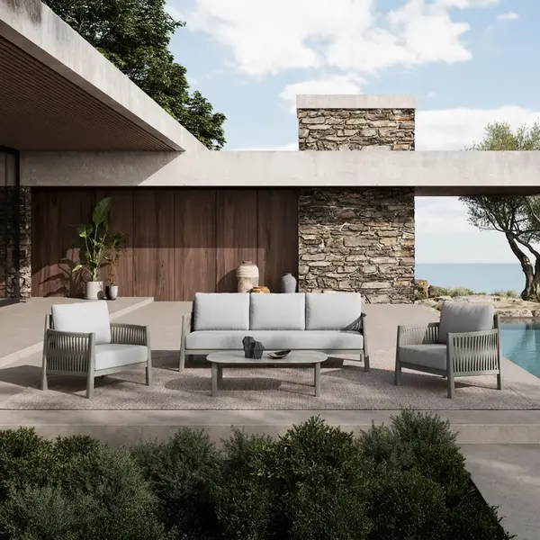 Feralda pakoworld lounge exterior bej, aluminiu-coarda cu material textil gri deschis Feralda pakoworld lounge exterior bej, aluminiu-coarda cu material textil gri deschis