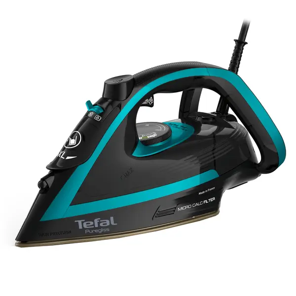 Fier de calcat cu abur Tefal Puregliss FV8066E0, 3000 W, incalzire rapida, abur variabil 0-50 g/min, jet de abur 280 g/min , mod standby, tehnologie patentata Micro Lime Filter, negru & albastru
