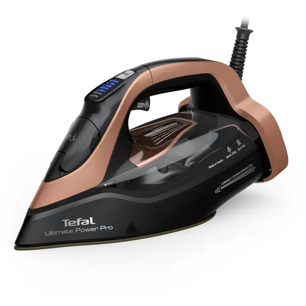Fier de calcat cu abur Tefal Ultimate Power Pro FV9E50E0, 3200W, jet de abur 300 g/min, abur variabil 0-85 g/min, talpa Durilium AirGlide, sistem anticalcar, oprire automata, panou comanda LED, negru & maro