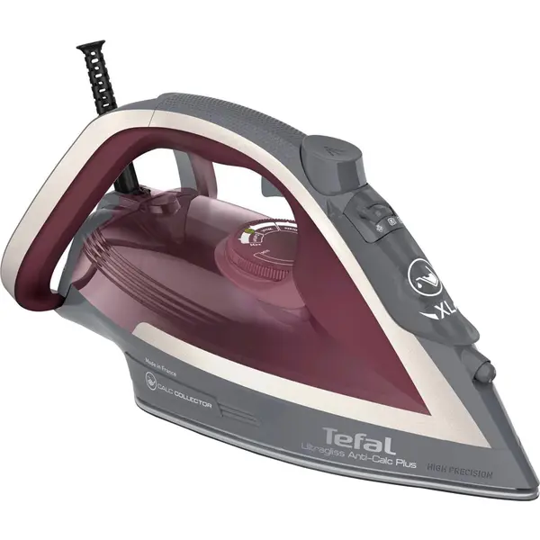 Fier de calcat cu abur Tefal UltraGliss Plus FV6840E0, 2800 W, rezervor 0.27 L, jet de abur 260 g/min, abur variabil 0-50 g/min, talpa Durilium Airglide, colector anti-calcar, visiniu