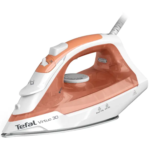 Fier de calcat cu abur Tefal Virtuo FV2C40E0, 2000 W, abur variabil 27 g/min, jet de abur 120 g/min, 0.24 l, talpa ceramica, calcare verticala, sistem antipicurare, alb & portocaliu