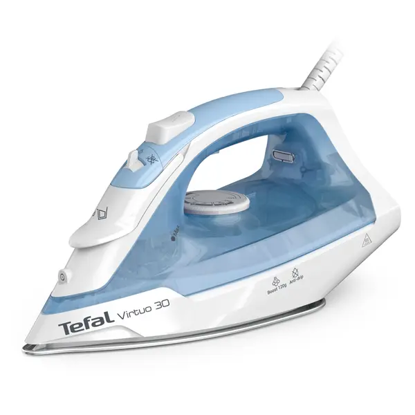 Fier de calcat cu abur Tefal Virtuo FV2C41E0, 240 ml, 2000 W, jet de abur 120 g/min, abur variabil 0-25 g/min, talpa ceramica, protectie antipicurare, sistem anticalcar, albastru & alb