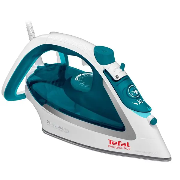 Fier de calcat Tefal EasyGliss Plus FV5718E0, 2500W, jet de abur 195 g/min, abur variabil 0-45 g/min, rezervor apa 0.27 ml, functie calcare verticala, autosteam, antipicurare, talpa Durilium AirGlide, alb & turcoaz