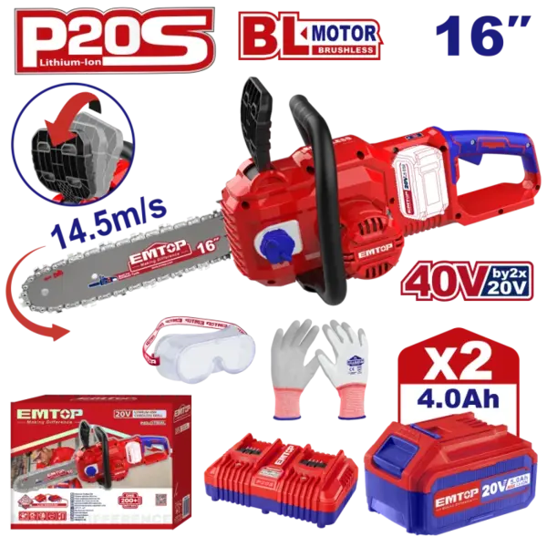 Fierastrau Drujba cu lant cu 2 baterii 4.0AH, motor fara perii (brushless), 40cm - ELGA401682, EMTOP