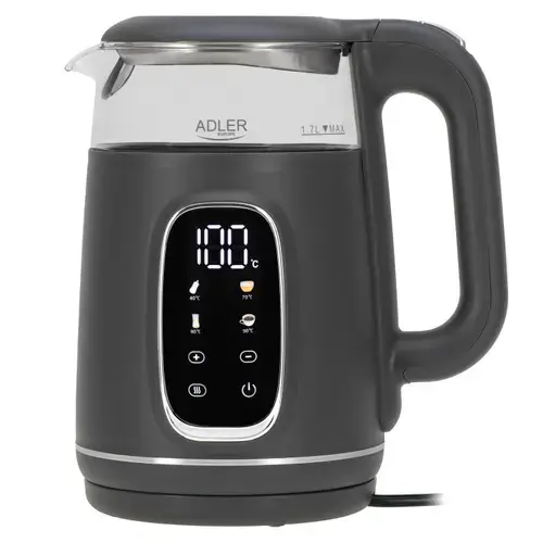 Fierbator de apa Adler AD 1305GS, 1.7 l, 2200 W, Afisaj LED, Baza pivotanta 360, Filtru calcar, 5 presetari (Gri)