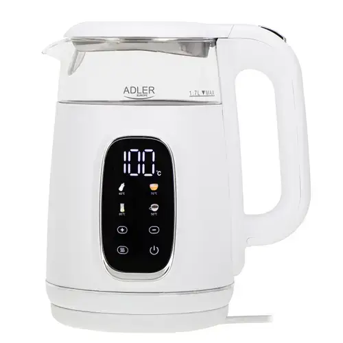 Fierbator de apa Adler AD 1305WS, 1.7 l, 2200 W, Afisaj LED, Baza pivotanta 360, Filtru calcar, 5 presetari (Alb/Argintiu)