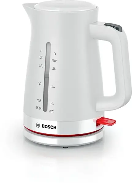 Fierbator de apa Bosch TWK3M121, 1.7l, filtru de calcar,oprire automata, protecţie împotriva supraincalzirii şi funcționarii fara apa, oprire în momentul ridicarii canii de pe suport (Alb)