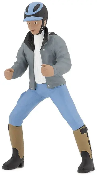 Figurina Papo Horses, foals and ponies – Jockey, cu o casca albastra si o jacheta gri