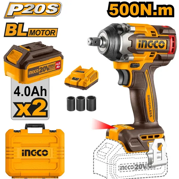 Filetanta Impact 20V 500Nm INGCO CIWLI2050 cu 2 Acumulatori 4.0Ah si Incarcator, Motor Brushless 1/2 pentru Strangere si Desfacere Profesionala