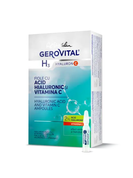 Fiole Cu Acid Hialuronic 2% și Vitamina C Hidratare, Netezire Riduri și Antimbătrnire, Gerovital H3 Hyaluron C, 10 Fiole X 2 Ml