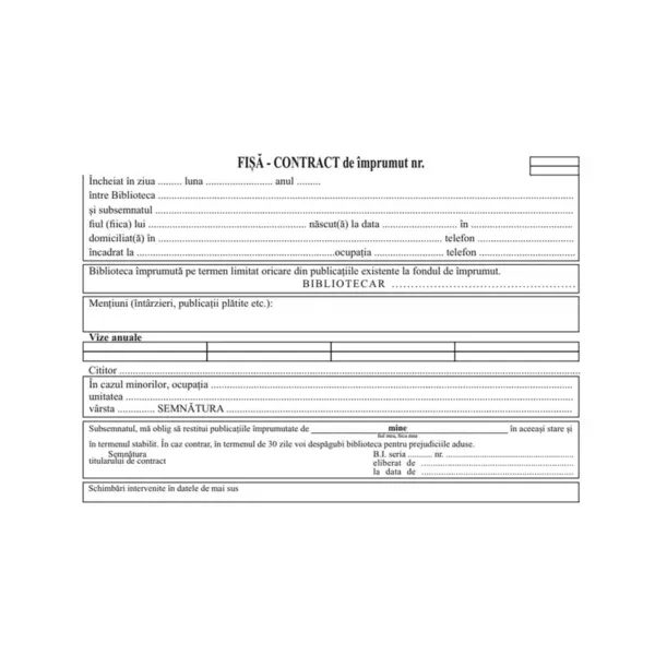 Fișă contract de împrumut bibliotecă A5 50 bucăți Fișă contract de împrumut bibliotecă A5 50 bucăți
