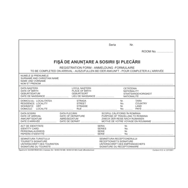 Fisa de anuntare a sosirii si a plecarii A5 Fisa de anuntare a sosirii si a plecarii A5