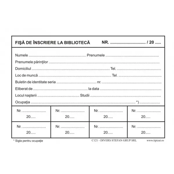 Fișă de înscriere la bibliotecă A6 set 50 bucăți Fișă de înscriere la bibliotecă A6 set 50 bucăți
