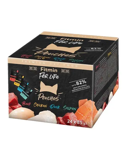 FITMIN For Life Cat Pouch Multipack 24x85g Plicuri hrana pisici, cu vita, rata, pui si somon in sos