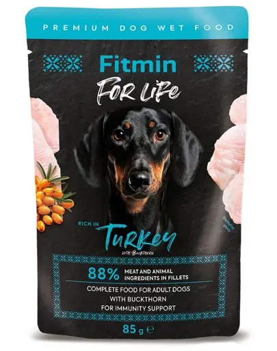Fitmin For Life Dog Adult Turkey with Sea Buckthorn Hrană completă pentru câini adulți cu curcan și cătină 85 g