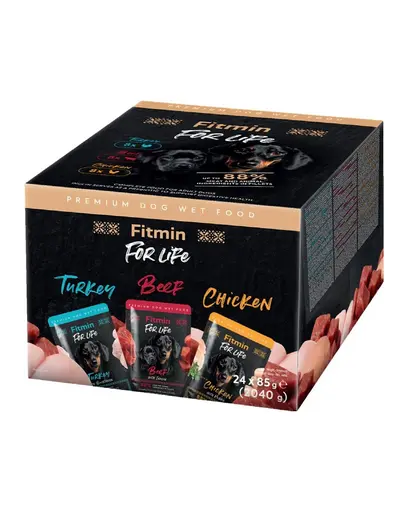 FITMIN For Life Dog Multipack 24x85 g plicuri câini cu pui, vită și curcan