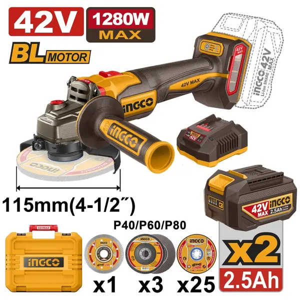 Flex Unghiular 42V cu 2 Acumulatori INGCO CAGLI4128112
