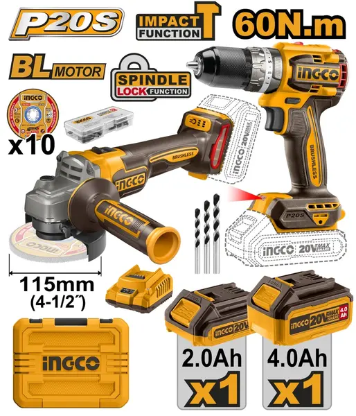 Flex Unghiular cu Bormasina 66Nm Set 2 Acumulatori INGCO CKLI20273E