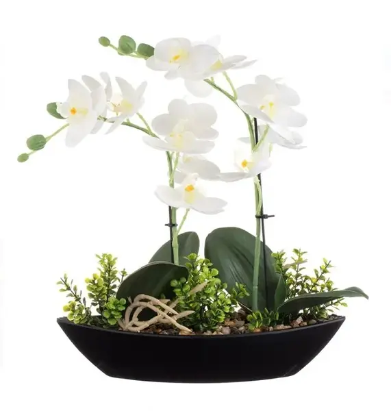 Floare decorativa artificiala Orhidee alba in ghiveci tip barca, plastic,27x9x30cm