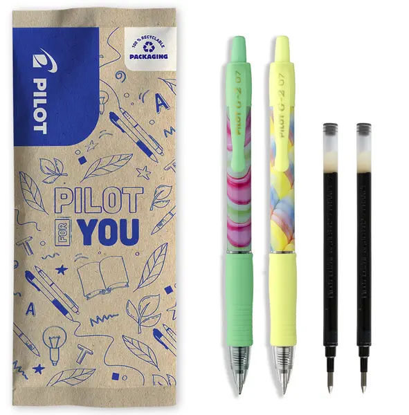 Flow pack 2 rollere cu gel Pilot G2 Flow galben si verde 0.7 mm + 2 rezerve negre Flow pack 2 rollere cu gel Pilot G2 Flow galben si verde 0.7 mm + 2 rezerve negre