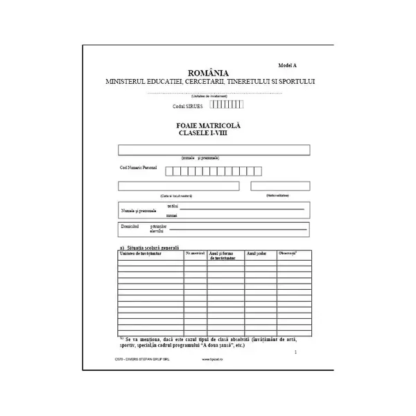 Foaie matricolă clasele I-VIII A4 10 bucăți/set Foaie matricolă clasele I-VIII A4 10 bucăți/set