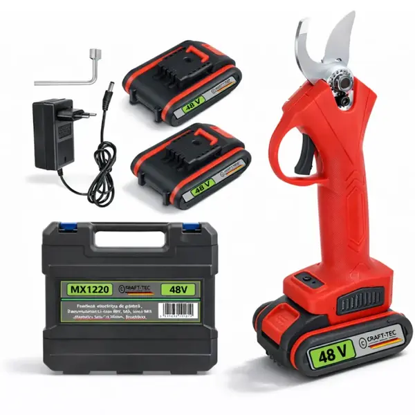 Foarfeca electrica de gradina Craft-Tec, 2 acumulatori Li-Ion 48V, 5Ah, lama SK5, diametru taiere 25mm, Brushless