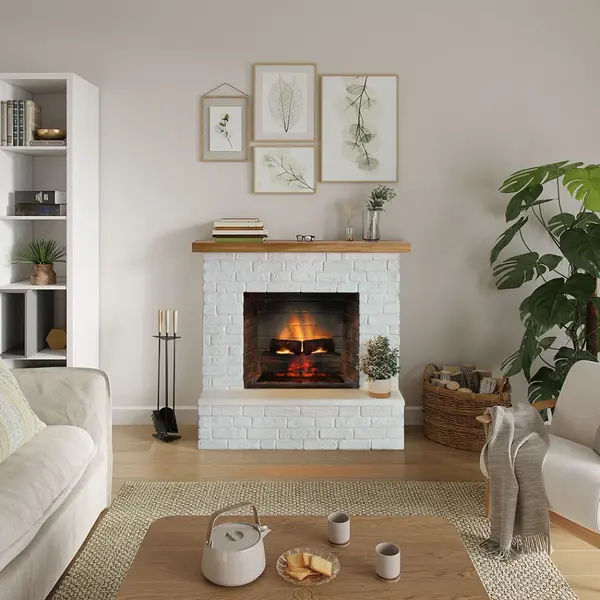 Focar semineu electric PowerFlame 2 cu functie incalzire si control Wi-Fi sau telecomanda si rama ignifuga Rolf alba TAGU