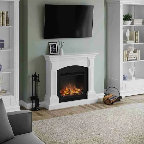 Focar semineu electric PowerFlame cu rama decorativa alba TAGU Magna si flacara 3D LED