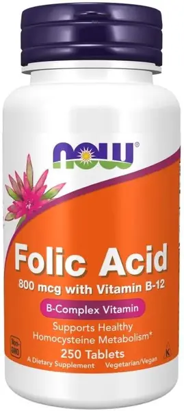 Folic Acid with B12, 800 mcg, 250 tablete, Now