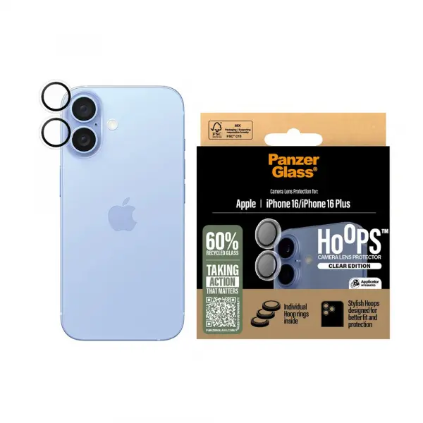 Folie de protectie Camera Spate PanzerGlass Hoops pentru Apple iPhone 16 Plus / 16, Sticla Securizata, Transparenta