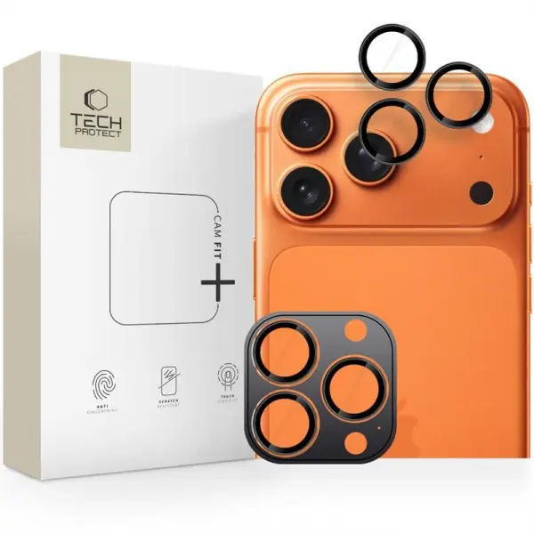 Folie de protectie Camera Spate Tech-Protect CamRing Fit+ pentru Apple iPhone 17 Pro Max / 17 Pro / 16 Pro Max, Sticla Securizata, Neagra