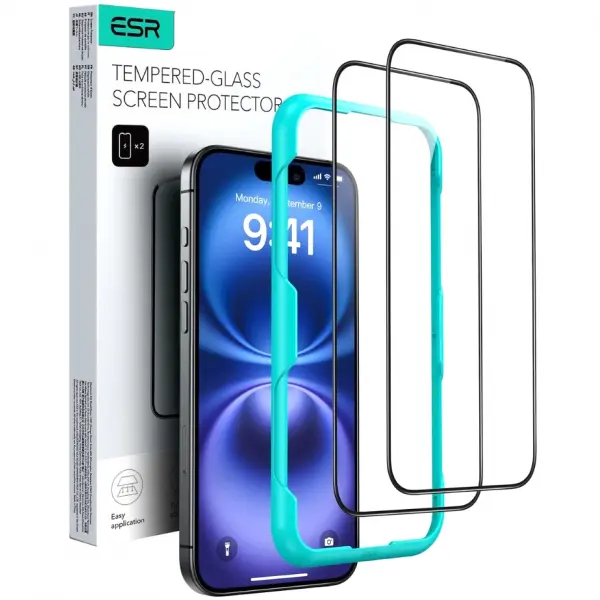 Folie de protectie Ecran ESR pentru Apple iPhone 16 Pro Max, Sticla Securizata, Full Glue, Set 2 bucati, Neagra